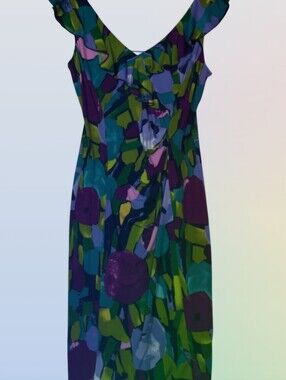 Dressbarn Size 6 Abstract Floral Ruffle Dress - Green Blue Purple